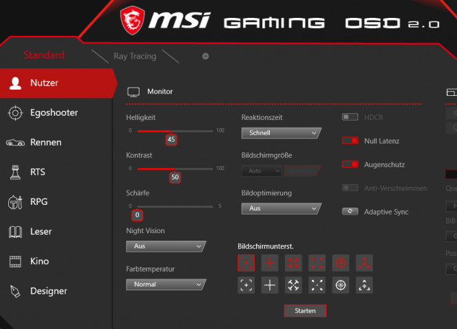 Das MSI Gaming OSD bietet viele Einstellungsoptionen - nicht auf dem Screenshop ist der rechte Bereich mit weiteren Funktionen wie einer Bild-in-Bild-Option.