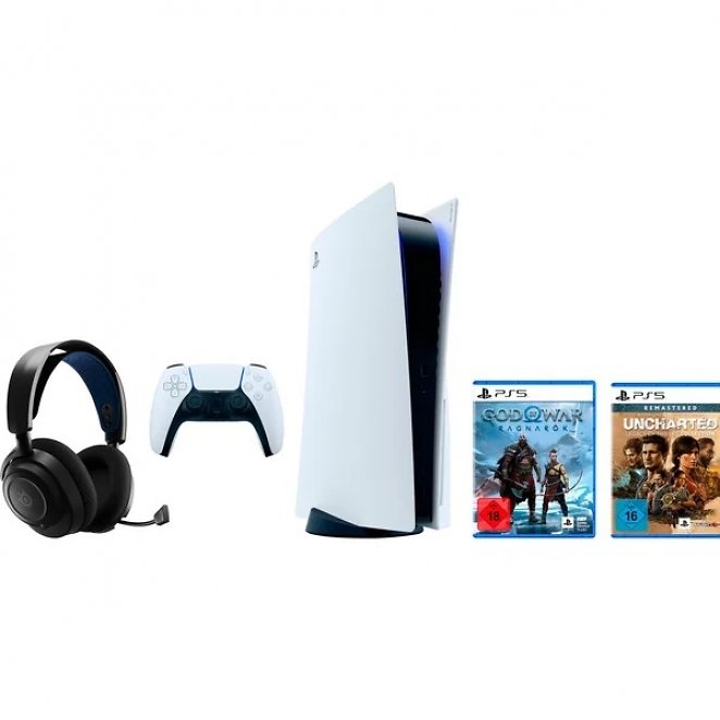 PS5 Disc Edition + God of War Ragnarök (Code) + Uncharted Legacy of Thieves Collection + Arctis Nova 7P Gaming-Headset