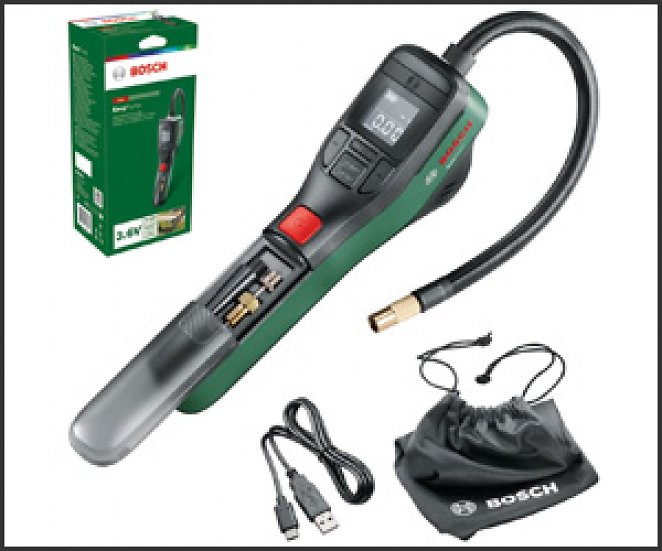 Bosch elektrische Fahrradpumpe / Luftpumpe / Mini Kompressor EasyPump (3,0 Ah Akku, 3,6 Volt, Autostop-Funktion, 150 PSI, 10,3 bar, LED, über USB-C wiederaufladbar, im Karton)