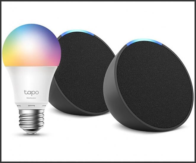 Echo Pop | Anthrazit, 2er pack + Tapo L530EA Smart Bulb (E27), Funktionert mit Alexa - Smart Home-Einsteigerpaket