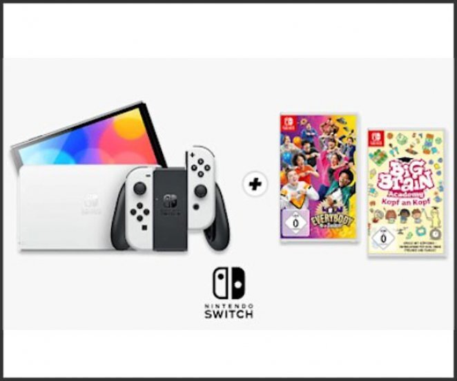 NINTENDO Switch (OLED-Modell) Weiß + 2 Switch-Spiele: Big Brain Academy - Kopf an Kopf UND 1-2-Switch!