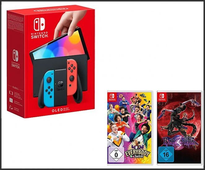 Nintendo Switch OLED mit Bayonetta 3, Bayonetta Origins - Cereza and the Lost Demon und Everybody 1-2-Switch!