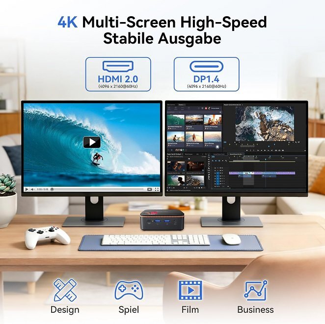 Über HDMI und DP1.4 lassen sich problemlos zwei Monitor an den MP20 Mini-PC anschließen.
