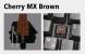 Ein Cherry MX-Brown-Taster im Querschnitt sowie auch bei einer Tastatur, bei der man einen Tastendeckel entfernt hat.