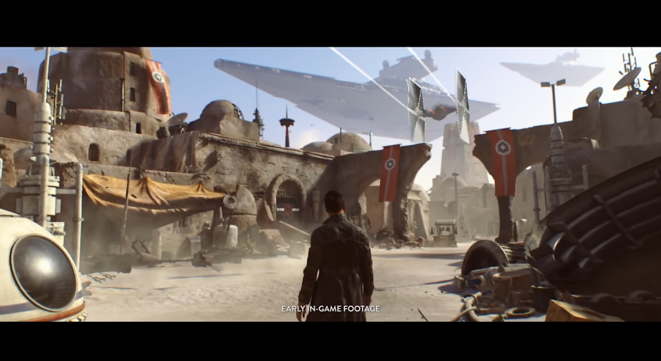 Eine an Tatooine erinnerde Stadtszene. Am Himmel zwei Sternenzerstörer und im Vordergrund der Protagonist.