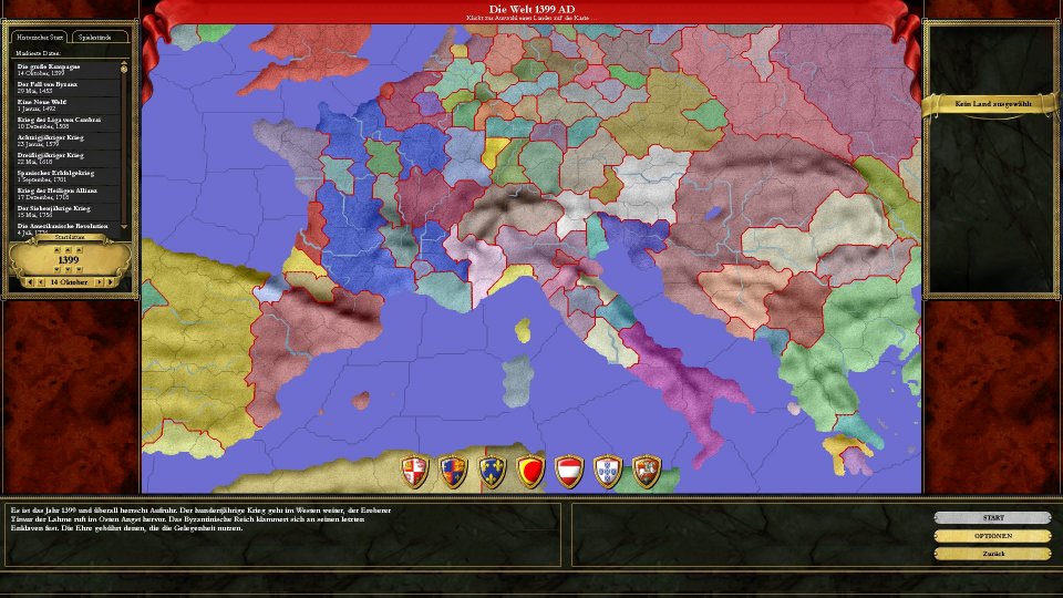 Ab Europa Universalis 3 konnte man entweder wie gewohnt ein vorgegebenes Szenario oder ein beliebiges Startdatum sowie jede zu diesem Zeitpunkt existierende Nation wählen. <br> &nbsp;