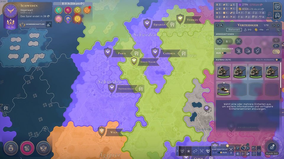 Anders als in Civ ist die Zufallskarte in feste Gebiete unterteilt. Grenzen lassen sich nicht ändern.