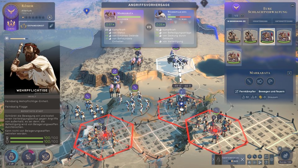 Die taktischen Kämpfe könnt ihr manuell ausfechten oder ihr lasst den Ausgang einfach vom Spiel berechnen.