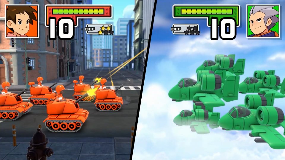 Eine grüne und eine orange Armee aus Panzern und Flugzeugen stehen sich gegenüber.