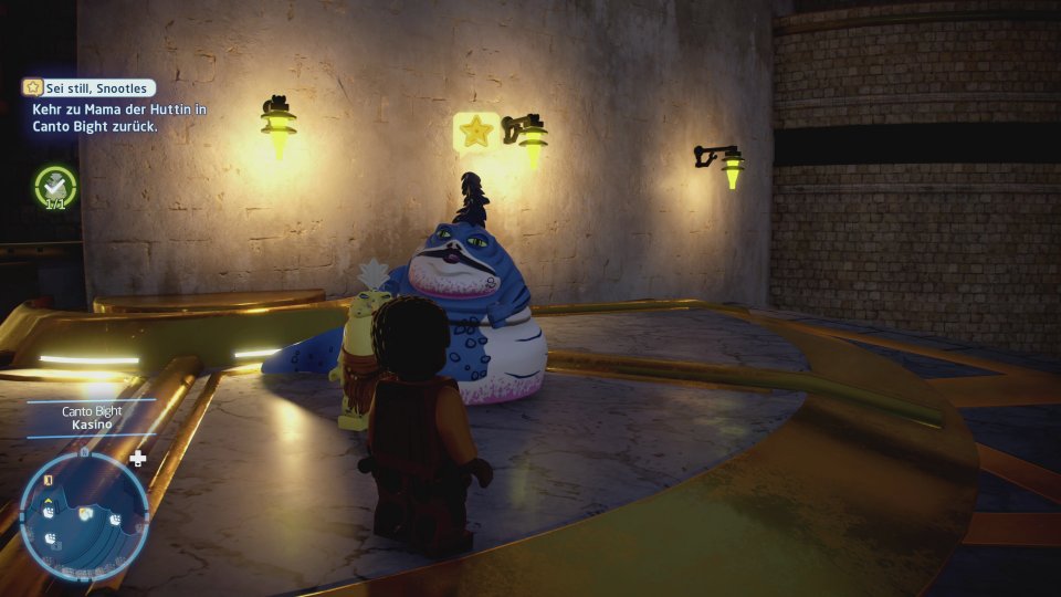 Durch das Lösen von Nebenaufgaben können wir teilweise herrlich obskure Star-Wars-Figuren freispielen, wie die hier zu sehende Mama Hutt aus Clone Wars.&nbsp;