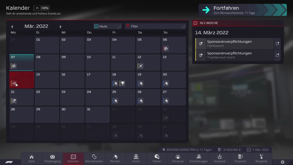 Der Kalender ist im Grunde ziemlich überflüssig, denn es passiert so gut wie nichts abseits der Rennen. Sponsorenverpflichtungen laufen automatisch im Hintergrund ohne unser Zutun und unsere Anwesenheit ab.