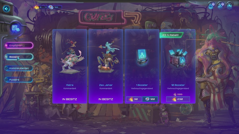 Die Premium-Währung Pulsars gibt es im Shop für echtes Geld zu erwerben. Für 160 der Dinger müssen wir satte 9,99 € hinlegen, 425 Stück gibt es für 24,99 €. Ein einzelner Booster mit jeweils drei Einheiten kostet 30 Pulsars.&nbsp;