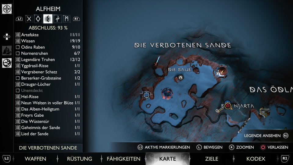 Die zweite Statue findet ihr ganz im Westen der Verbotenen Sande in Alfheim. (siehe Cursor, nicht das Kratos-Symbol!)