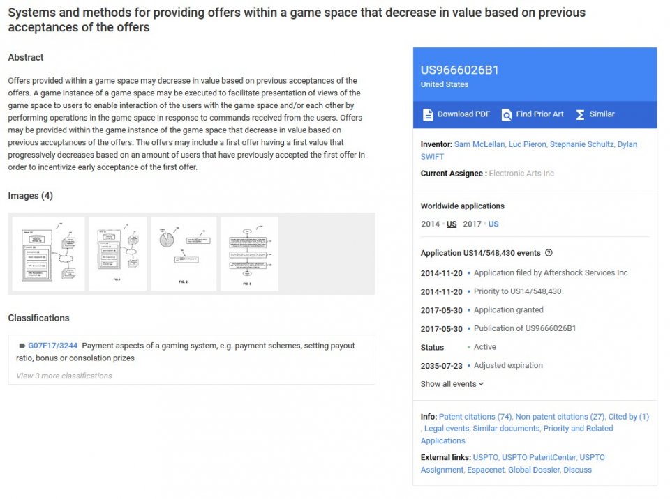 Das Patent 'Systems and methods for providing offers within a game space that decrease in value based on previous acceptances of the offers' ist laut EA derzeit nicht in Gebrauch, wird aber trotzdem fleißig jedes Jahr erneuert.