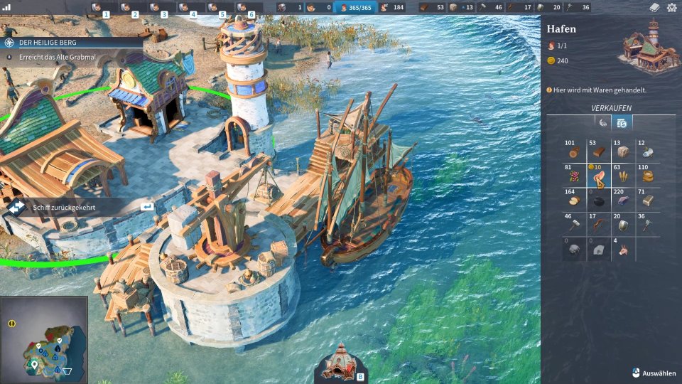 Am Hafen verkaufen wir überschüssige Waren, die wir eh nie brauchen. Vor allem Nahrungsmittel wirken nahezu überflüssig. Die können weg!