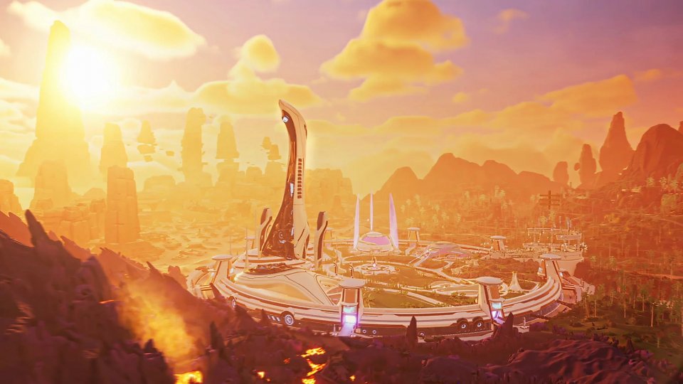 Eine utopische Stadt aus der Ferne im Sonnenuntergang