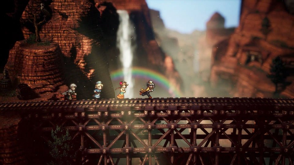 Octopath Traveler 2: Die Spielergruppe läuft über eine Eisenbahnbrücke.