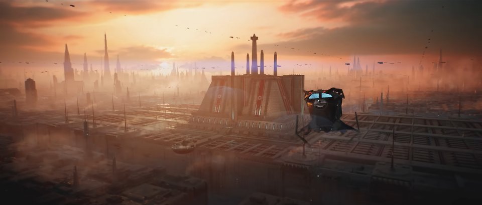 Ein Shuttle fliegt auf den alten Jedi-Tempel zu, der mit imperialen Bannern versehen auf Coruscant steht.
