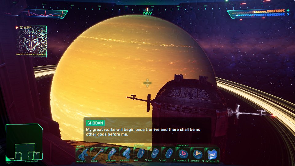 Blick auf einen Planeten mit Text-Darstellung der KI SHODAN am unteren Rand