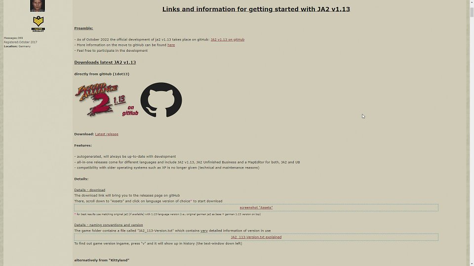 Ein Screenshot eines Fanforums mit Informationen zu Jagged Alliance 2 Version 1.13.