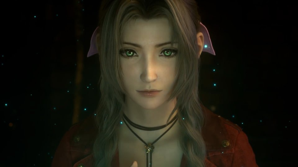 Aerith aus Final Fantasy 7 Remake blickt in die Kamera