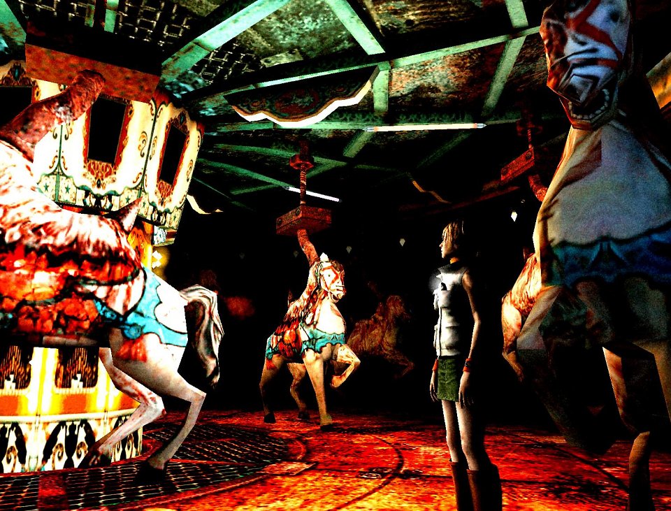Heather Mason aus Silent Hill 3 steht auf einem blutigen Karussell.