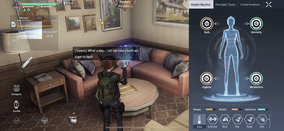 Die Spielerin in einem Haus mit dem Gesundheitsmonitor offen.