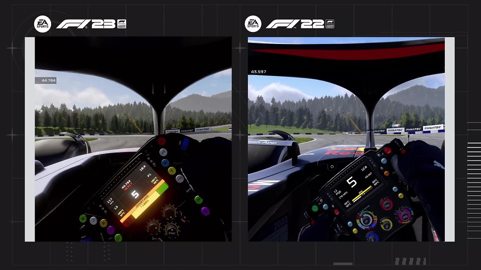 Ein Vergleichsbild, das die Cockpit-Unterschiede zwischen F1 22 und F1 23 zeigt.