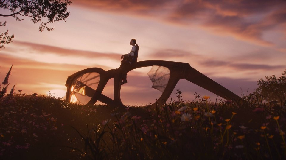 Das Ende des Trailers zeigt einen romantischen Sonnenuntergang und die klitzekleine Heldin, wie sie auf der zerbrochenen Brille von Dave hockt.