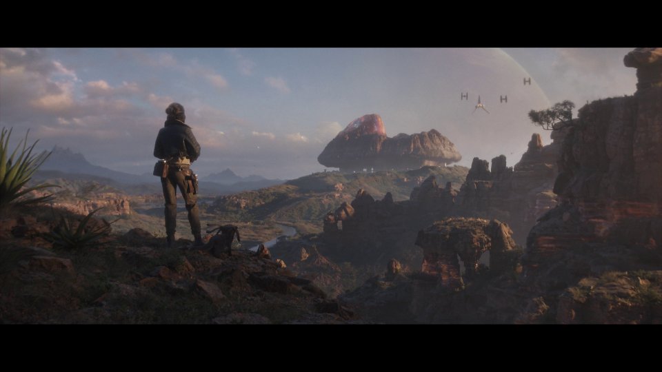 Kay steht auf einer Anhöhe und überblickt die weite Landschaft eines Planeten.