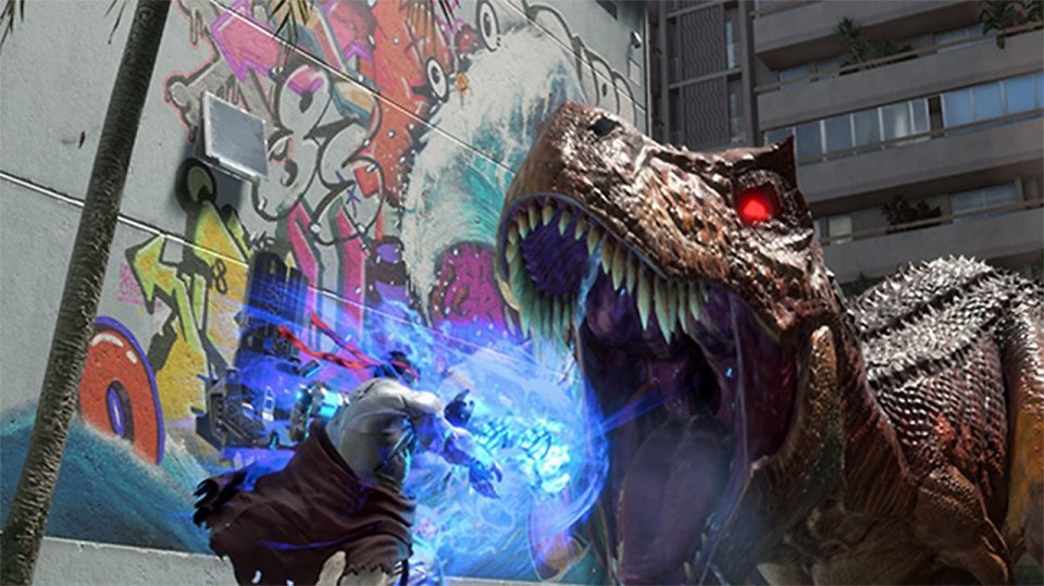 Ein Ryu-Exosuit kämpft gegen einen T-Rex.