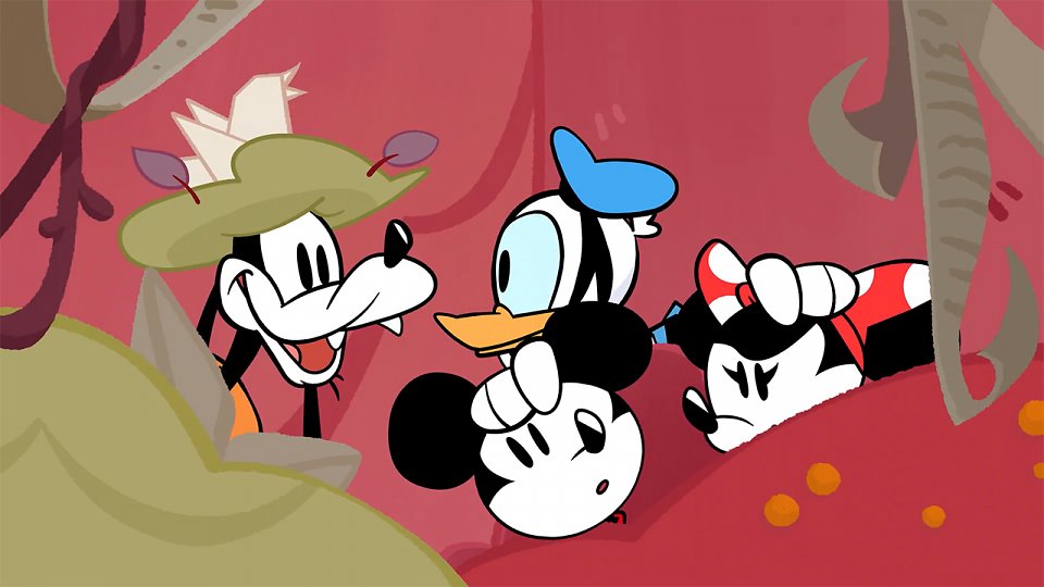 Micky, Donald, Minnie und Goofy verstecken sich im Geäst.