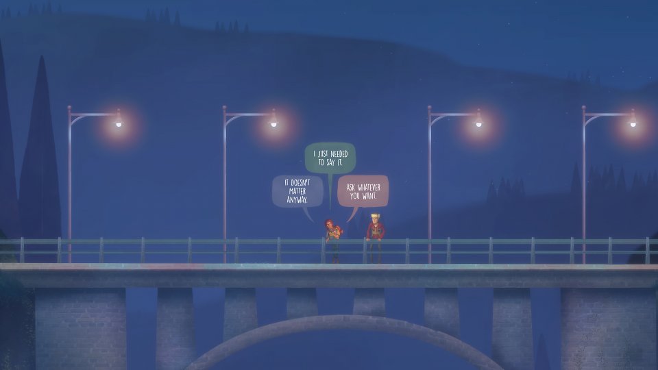 Riley und Jacob unterhalten sich auf einer Brücke.