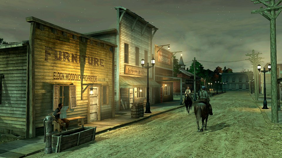 NPCs reiten durch die Straßen der Stadt Blackwater bei Nacht