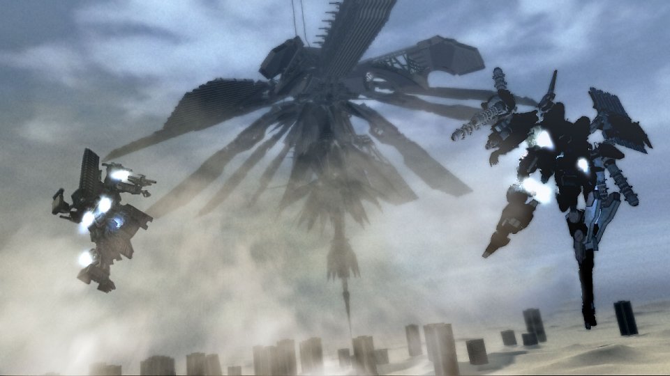 Zwei Armored Core NEXTs fliegen vor einer monumentalen Maschine im Hintergrund, die wie ein Engel aussieht.