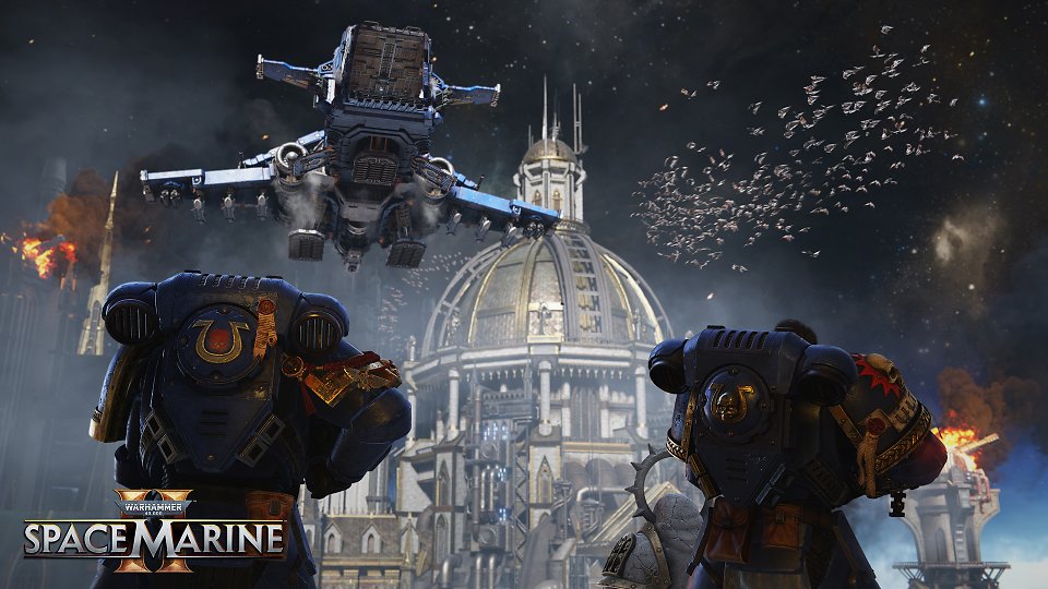 Spacee Marines des Ultramarine-Ordens schauen Thunderhawk bei der Landung zu.
