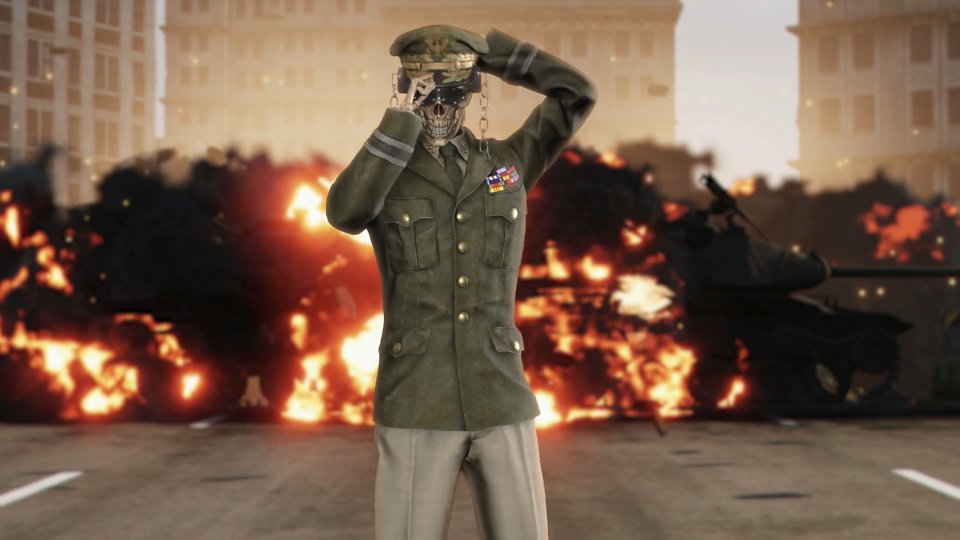 Megadeth-Maskottchen Vic in Uniform vor einer Explosion