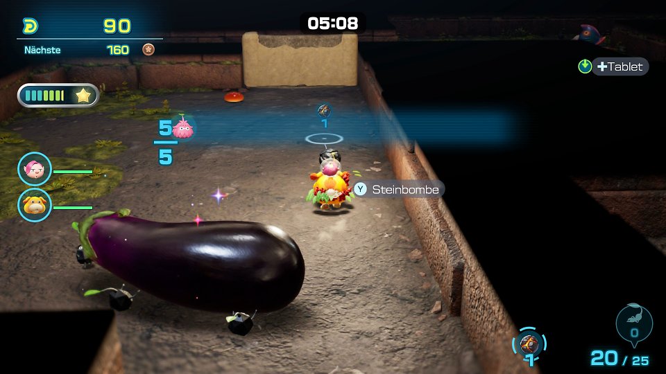 Felsen-Versuchsanlage: Wenn die fünf Stein-Pikmin mit der Glaswand an dieser Stelle fertig sind, tragen sie die Aubergine dahinter von selbst zur Basis.