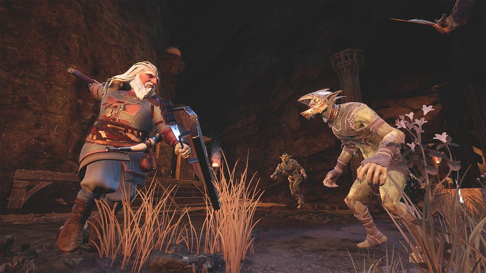 Ein Zwerg schwingt seine Waffe einem Goblin entgegen.