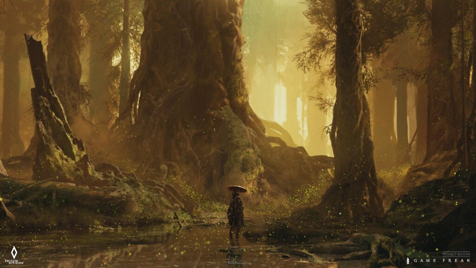 Auf dem Concept Art von Project Bloom steht ein Samurai auf einem Waldstück mit warmen Licht und Glühwürmchen