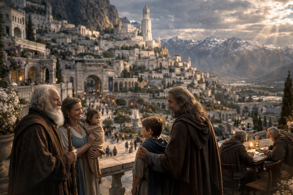 Gondor in Friedenszeiten wäre ein schönes Setting gewesen. So stellt sich übrigens die KI den Frieden in Minas Tirith vor.
