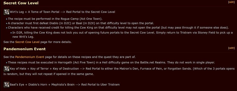Screenshot der Website diablo2.diablowiki.net mit englischen Anleitungen für den Horadrimwürfel. Die Textzeilen beschreiben die Kombination von Wirrets Bein und einem Buch des Stadtportals für das Secret Cow Level sowie die Schlüssel für das Über-Tristram Pandämonium Event.