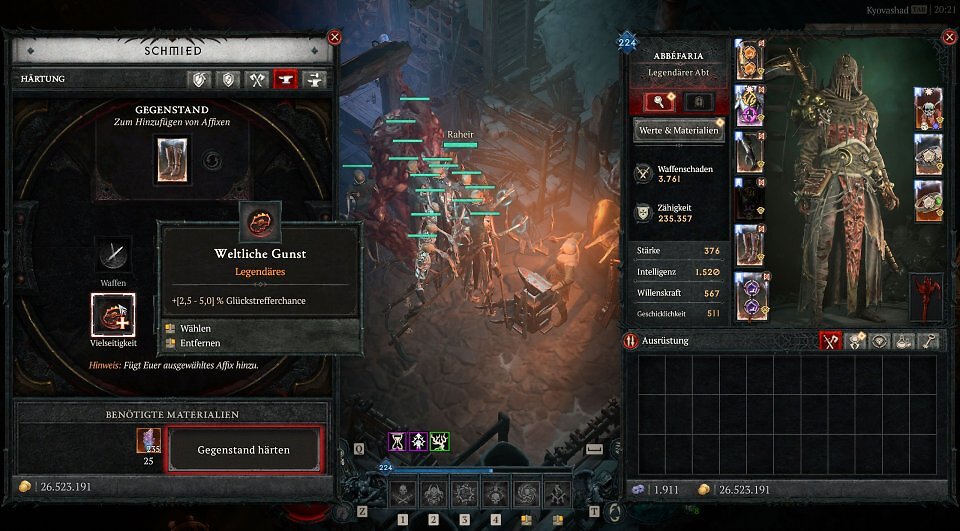 Gameplay-Screenshot aus Diablo 4 beim Schmied in Kyovashad. Das linke Menü zeigt das Interface für das Härten eines Gegenstands mit dem legendären Rezept "Weltliche Gunst", während rechts der Charakter-Ausrüstungsbildschirm geöffnet ist.