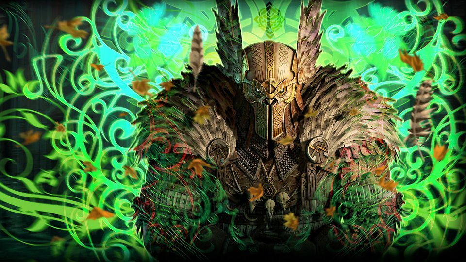 Ein detailreiches, episches Porträt eines Diablo 4 Druiden im "Ursa Noctua"-Rüstungsset. Der Charakter trägt einen kunstvoll verzierten, goldenen Eulenhelm mit metallischen Flügeln und großen Augen. Seine massiven Schultern sind mit dichten Vogelfedern, Pelz und Kettenhemdelementen bedeckt. Um den Charakter herum wirbeln herbstliche Blätter, herabfallende Federn und eine leuchtend hellgrüne, magische Aura aus verschlungenen, neonfarbenen Linien und Flügel-Symbolen vor einem dunklen Hintergrund.