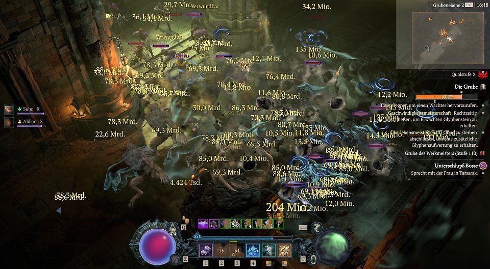 Ingame-Screenshot aus Diablo 4 in der Grube des Werkmeisters (Stufe 110). Der Bildschirm ist von unzähligen, dichten Schadenszahlen im Milliardenbereich überflutet. Oben rechts in der Ecke zeigt die kreisrunde Minimap das Innere eines Dungeons, auf der mehrere markante orangefarbene Punkte zu sehen sind. Diese Punkte repräsentieren die Gegner-Ortung durch den aktiven Söldner Subo, dessen Porträt-Icon am linken Bildschirmrand neben Aldkin eingeblendet ist.