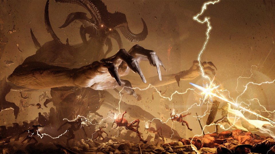 Ein monumentales, düsteres Artwork aus Diablo 4 . Eine riesige, dämonische Kreatur mit gewaltigen Hörnern und leuchtenden Augen - Mephisto - streckt seine knöcherne, riesige Hand nach einer Gruppe von Kämpfern aus. Ein strahlender Blitz schlägt im Vordergrund ein, wo ein Paladin mit Schild und Schwert inmitten von gefallenem Dämonenbrut-Kreaturen gegen die Finsternis ankämpft.