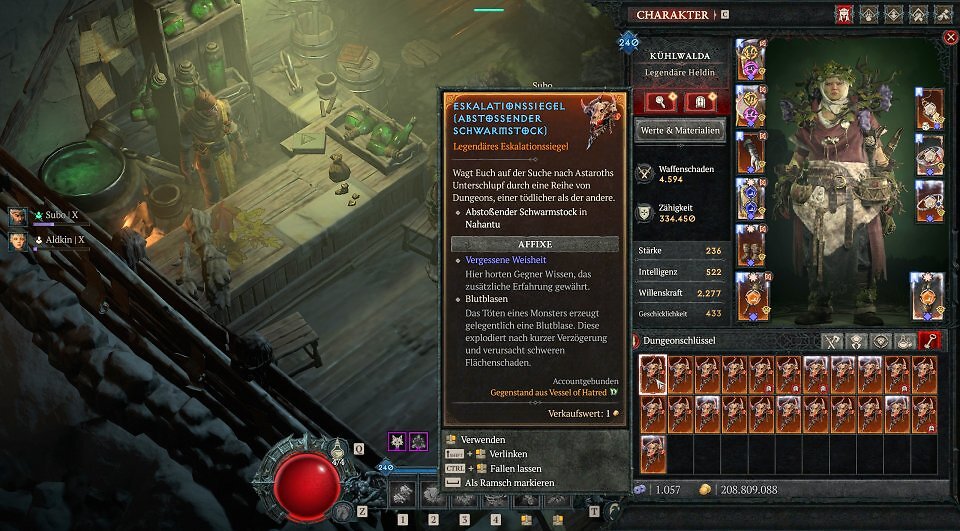 Ein Ingame-Screenshot des Charakter- und Inventarbildschirms in Diablo 4. Auf der rechten Seite ist das Inventar einer Druidin namens Kühlwalda geöffnet. Die untere Tasche für Dungeonschlüssel ist komplett mit identischen, orange-leuchtenden "Legendären Eskalationssiegeln" gefüllt. Ein Tooltip im Zentrum zeigt die Details zu einem "Eskalationssiegel (Abstoßender Schwarmstock)" mit den Affixen "Vergessene Weisheit" und "Blutblasen".
