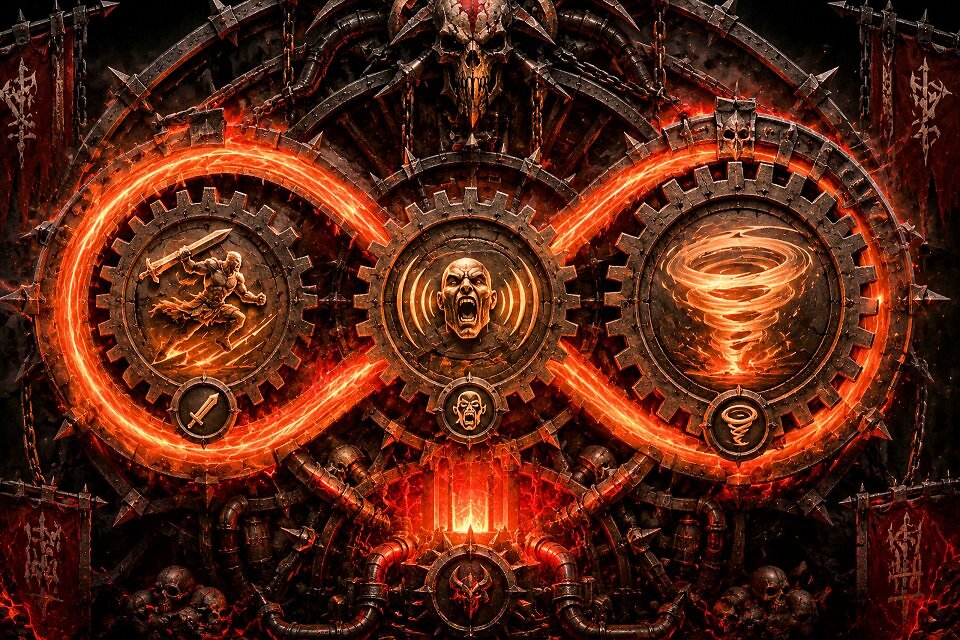 Eine düstere Infografik im Diablo 4-Stil mit drei mechanischen, ineinandergreifenden Eisen-Zahnrädern vor einem Hintergrund aus Schädeln, Ketten und roten Bannern. Eine feurige, orange leuchtende Linie in Form einer liegenden Acht (Unendlichkeitszeichen) umschließt die Zahnräder. Das linke Zahnrad zeigt das Symbol eines springenden Kriegers mit Schwert, das mittlere Zahnrad ein schreiendes Gesicht mit Schallwellen, das rechte Zahnrad einen wirbelnden Tornado.