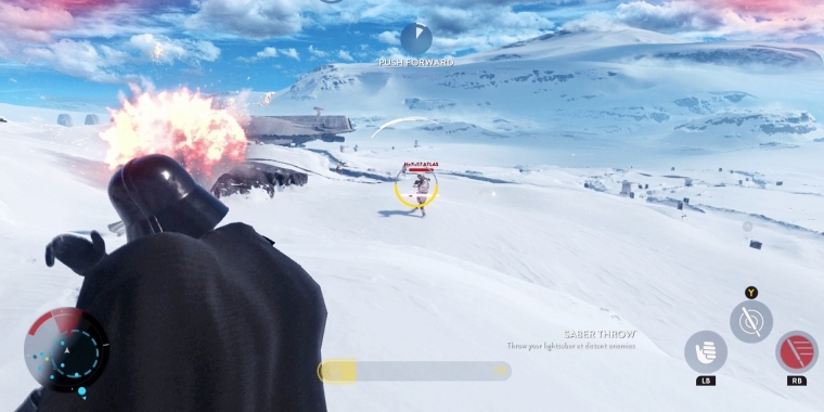 Die Macht ist mit euch! Wie es sich gehört, seid ihr als Darth Vader ausgesprochen mächtig. Per Special Move dürft ihr etwa euer Lichtschwert zum Wurfsäbel umfunktionieren. (Xbox One)