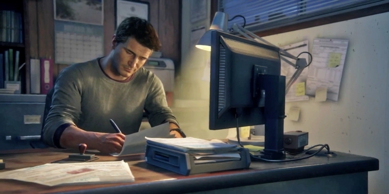 Sesshaft geworden: Nathan Drake hat einen Job. In einem Büro. Das hätte sich sein jüngeres Ich aus den Vorgängern wohl nicht träumen lassen! (PS4)